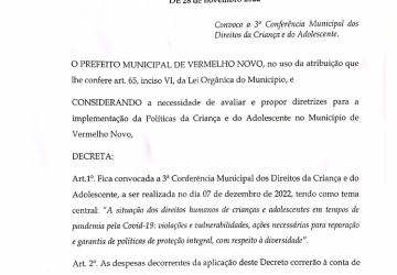 3ª Conferência Municipal dos Direitos da Criança e do Adolescente, a ser realizada no dia 07 de dezembro de 2022.