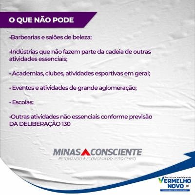 A Administração Municipal informa que por determinação do Governo do Estado, a partir desta quarta-feira, 17/03/2021, a cidade de Vermelho Novo adotará as medidas sanitárias de prevenção à covid-19 previstas na onda roxa do plano &quot;Minas Consciente&quot;.