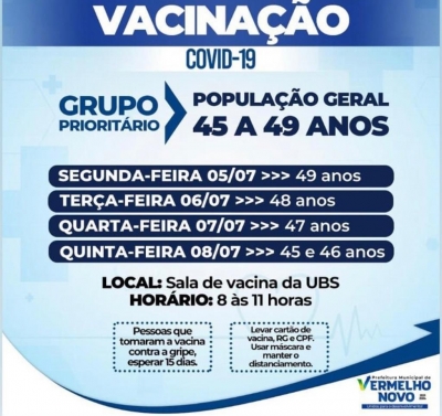 A campanha de vacinação contra a COVID-19 está avançando em Vermelho Novo. Na próxima semana pessoas que possuem entre 45 e 49 anos de idade receberão a primeira dose da vacina.